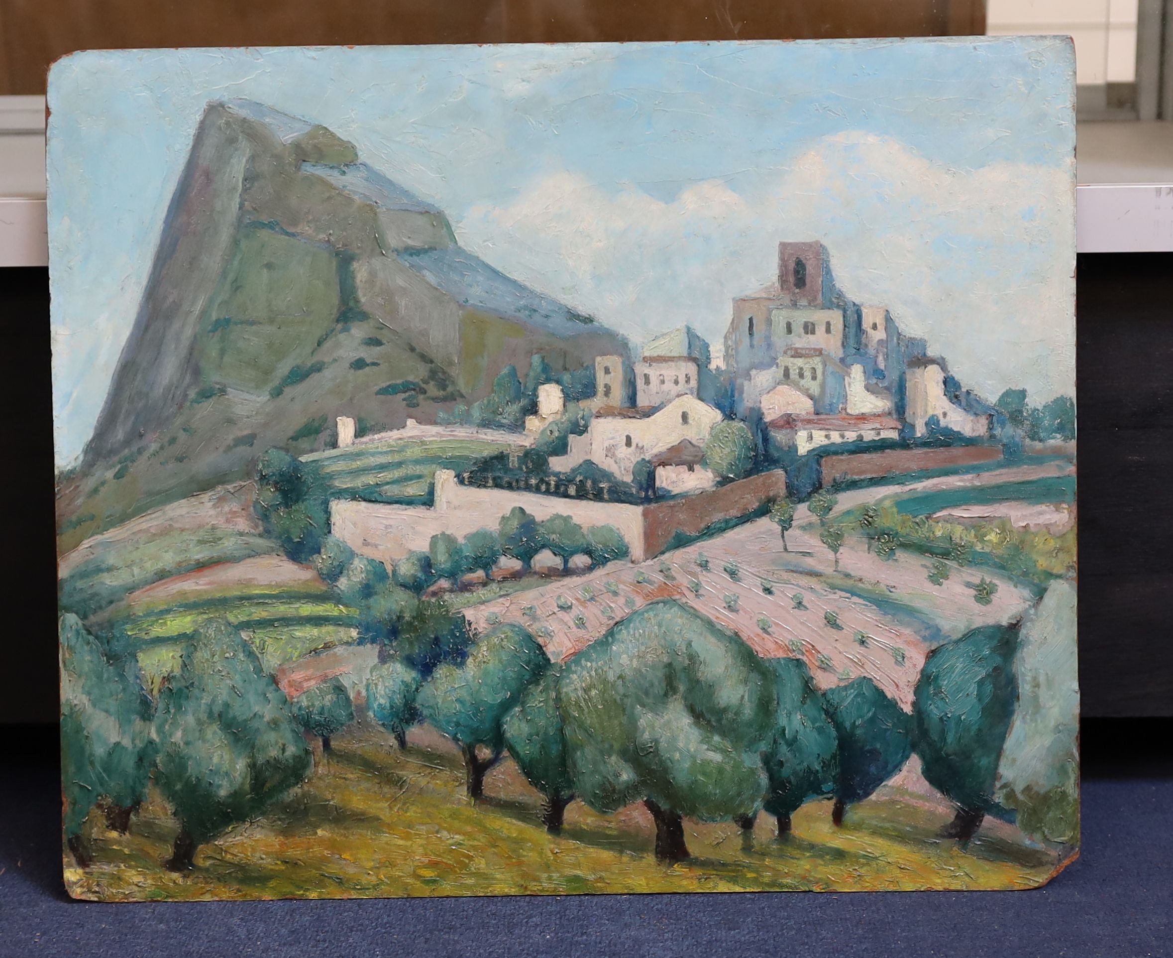 Attributed to Adrian Paul Allinson (1890-1959), Southern French landscape with hilltop town, oil on board, 50.5 x 60.5cm. unframed